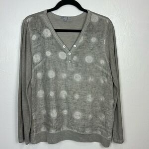 Tempo Paris Gray Polka Dot Embroidery Cotton Linen Long Sleeve Top Size M